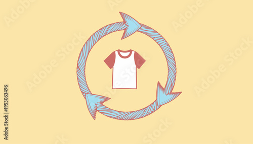 Illustration of a sustainable fashion concept featuring a t-shirt encircled by three blue arrows symbolizing recycling and eco-friendly clothing practices