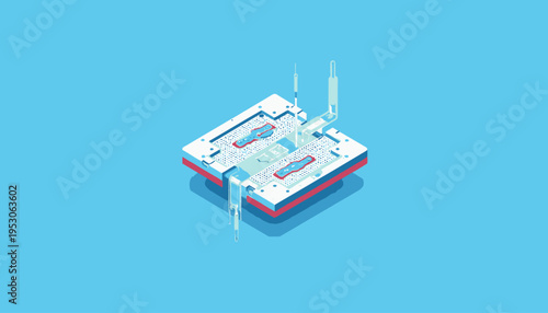 Innovative Microfluidic Chip Design with Integrated Pipettes for Advanced Biomedical Research and Technological Applications on a Blue Background