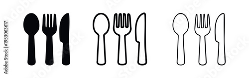 Cutlery Set Icons: Spoon, Fork, and Knife in Various Solid and Outline Styles