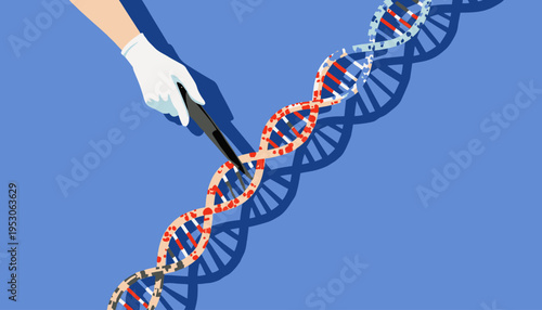 Illustration of Genetic Engineering Concept Depicting Alteration of DNA Strand Using a Cutting Tool Held by a Gloved Hand