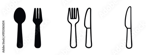 Assorted Cutlery Icons: Spoon, Fork, and Knife in Mixed Solid and Outline Styles