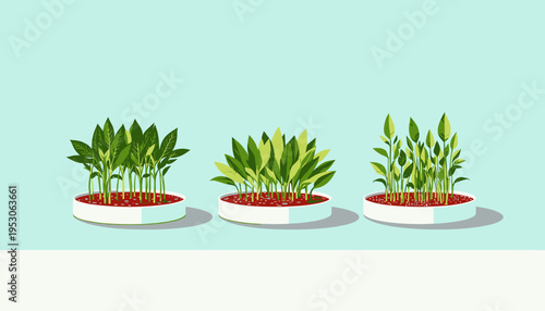 Illustration of Three Containers Showcasing Various Green Plants at Different Growth Stages on a Light Blue Background