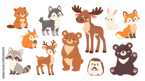 Set of flat vector illustrations. Forest animals, bear hare moose deer hedgehog fox squirrel raccoon beaver wolf