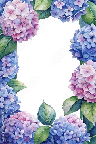 Wallpaper Mural Watercolor Hydrangea Floral Frame with Blue and Pink Blooms on White Backdrop Torontodigital.ca