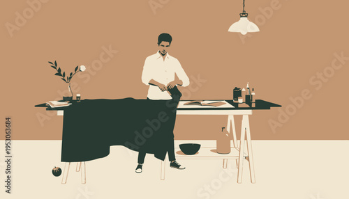 Illustration of a Tailor at Work Crafting a Garment on a Large Wooden Table Surrounded by Various Tools and Materials in a Minimalist Studio Setting