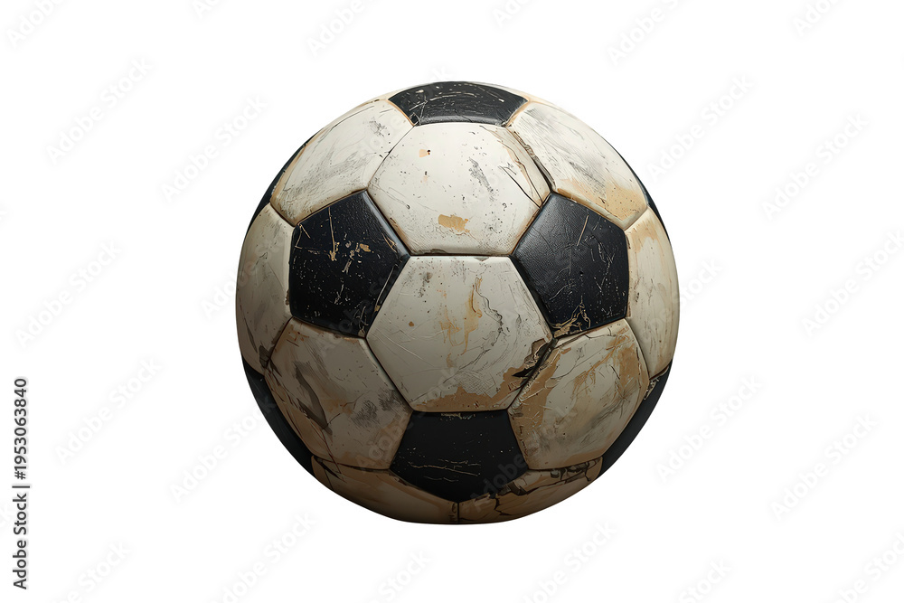 Fototapeta premium Old, used soccer ball with visible wear and tear, representing a love for the game; transparent background