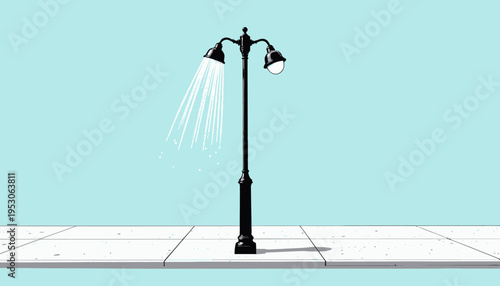 Lonely Street Lamp Stands Tall Amidst Clear Sky Spraying Water on a Sunny Urban Sidewalk Scene