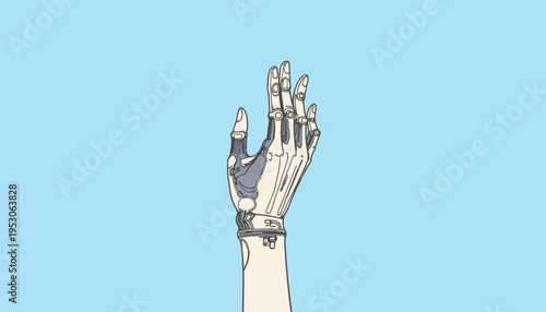 Illustration of a Human Hand with Robotic Exoskeleton Highlighting the Fusion of Technology and Biology Against a Bright Blue Background