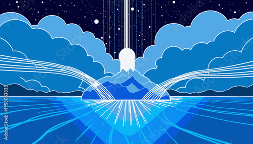 Abstract Landscape with Mountain, Ocean, and Starry Night Sky Featuring Symmetrical Lines and Dynamic Colors