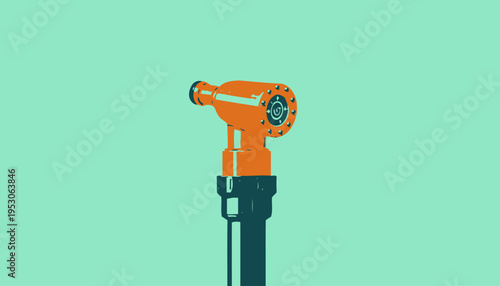 Bright Orange Garden Hose Nozzle Spraying Water Against Minimalist Light Green Background in Illustrative Style