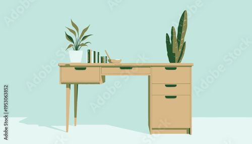 Minimalist Wooden Desk with Potted Plants and Books in Modern Workspace Design, Featuring Natural Light and Elegant Wooden Texture