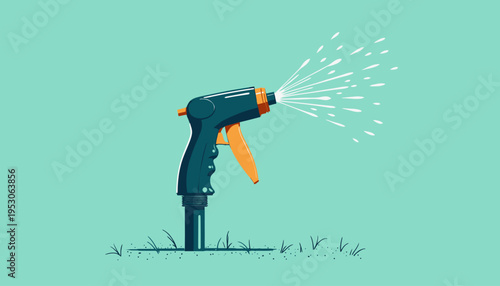 Illustration of a hose nozzle spraying water droplets against a teal background with minimal grass, highlighting gardening and irrigation themes