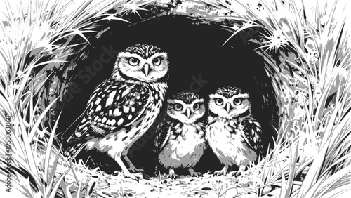 Burrowing owl (Athene cunicularia) chicks at nest burrow. Monochrome vector illustration. Transparent background EPS version.
