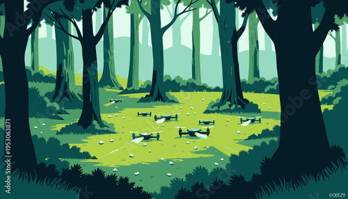 A fleet of drones illuminating a serene forest clearing with warm, focused beams of light, surrounded by towering trees and scattered wildflowers in a peaceful setting.