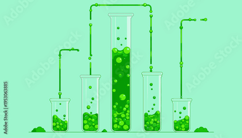 Artistic Representation of Chemical Reactions in Test Tubes with Flowing Green Liquid Spheres on a Minimalist Background