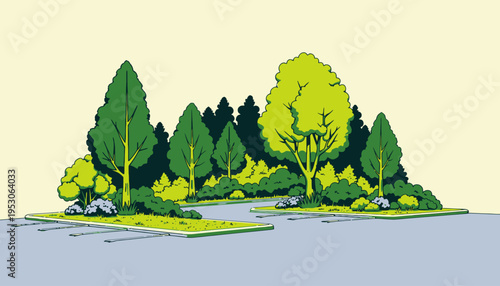 Vibrantly Illustrated Urban Parking Lot with Lush Greenery and Well-Maintained Landscape Featuring Diverse Trees and Colorful Shrubs in Full Daylight