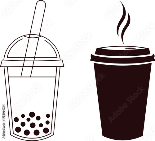 Illustration of a bubble tea and a hot coffee cup