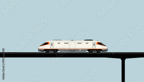 Illustration of a sleek modern high-speed train traveling across an elevated railway bridge against a clear blue sky backdrop