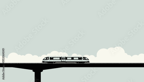 Modern Train Crossing a High Bridge Against a Minimalist Pastel Sky with Soft Clouds Depicting Travel and Transportation Innovation