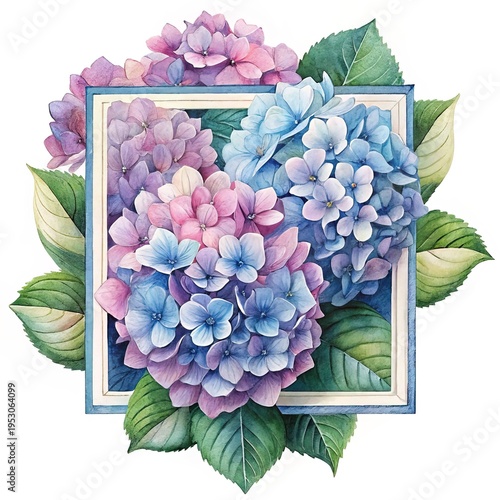 Wallpaper Mural Watercolor Hydrangeas in a Blue Square Frame Floral Arrangement Artwork Torontodigital.ca