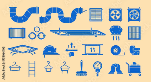 HVAC System Components Collection: Ducts, Fans, Vents, and Tools - Blue Icons