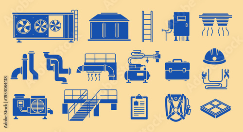 Industrial HVAC Equipment Icons Set: Cooling, Ventilation, Safety Gear, Blue on Beige