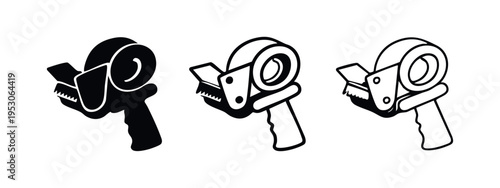 Tape dispenser icon set. Adhesive tape gun symbol in solid, outline, and line art styles.