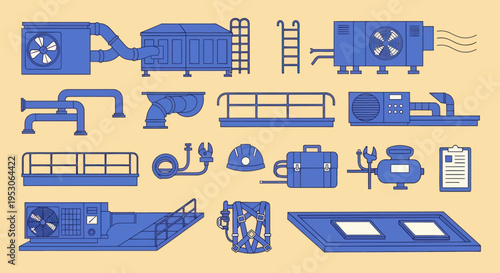 Industrial HVAC Systems and Equipment Icons | Blue Flat Design