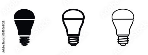 LED light bulb icon set. Energy saving lamp symbol in solid, outline, and line art styles.