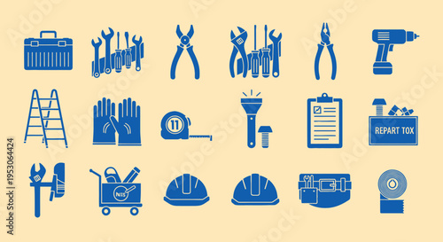 Collection of Blue Construction and Repair Tools Icons on a Beige Background