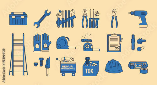 Construction and Repair Tools Collection - Vector Icons on Beige Background