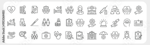 Medicare and Healthcare Icon Set Featuring Doctor, Nurse, Hospital, Insurance and Medical Coverage Concepts. Editable Outline Vector Illustration.