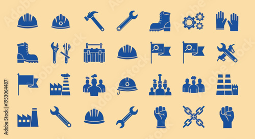 Construction and Labor Icons: Hard Hats, Tools, Gloves, and Gears