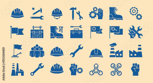 Industrial Labor Icons: Tools, Helmets, Factories, Gears, Flags, Fist, Drone