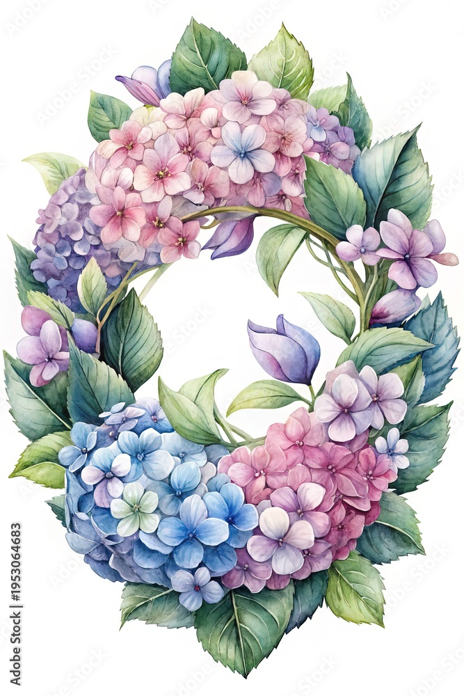 custom made wallpaper toronto digitalWatercolor Hydrangea Wreath Illustration with Pastel Flowers and Lush Green Leaves
