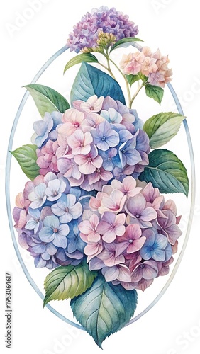Wallpaper Mural Watercolor hydrangea blossoms in delicate shades of blue and pink in a frame Torontodigital.ca