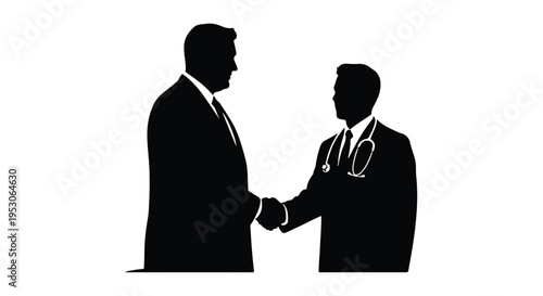 Two businessmen or medical professionals shaking hands in agreement, partnership, or consultation, suited men in formal wear with stethoscope, corporate or healthcare concept