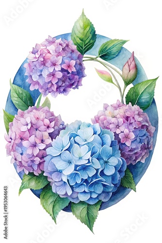 Wallpaper Mural Watercolor Hydrangea Wreath with Delicate Purple and Blue Blossoms on White Background Torontodigital.ca