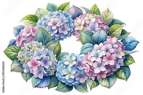 Wallpaper Mural Watercolor Hydrangea Wreath with Blue, Pink, and Green Tones on White Torontodigital.ca