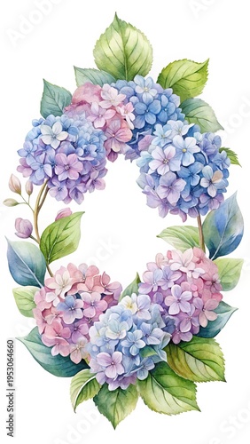 Wallpaper Mural Watercolor Hydrangea Floral Wreath with Blue and Pink Blooms on White Background Torontodigital.ca