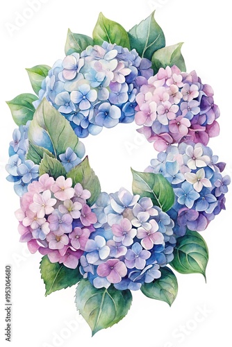 Wallpaper Mural Watercolor Hydrangea Wreath of Blue, Purple, and Pink Flowers with Green Leaves Torontodigital.ca