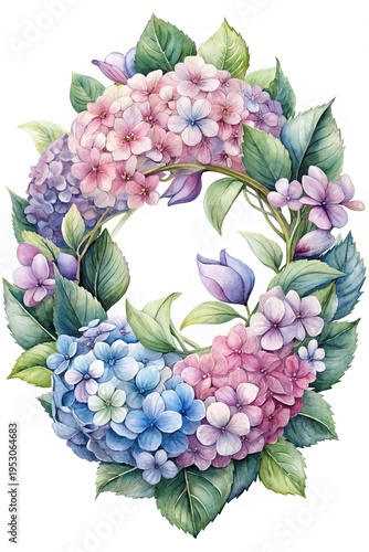Wallpaper Mural Watercolor Hydrangea Wreath Illustration with Pastel Flowers and Lush Green Leaves Torontodigital.ca
