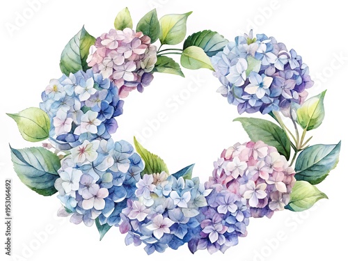 Wallpaper Mural Watercolor Hydrangea Wreath Illustration with Elegant Blue and Lavender Flowers Arrangement Torontodigital.ca