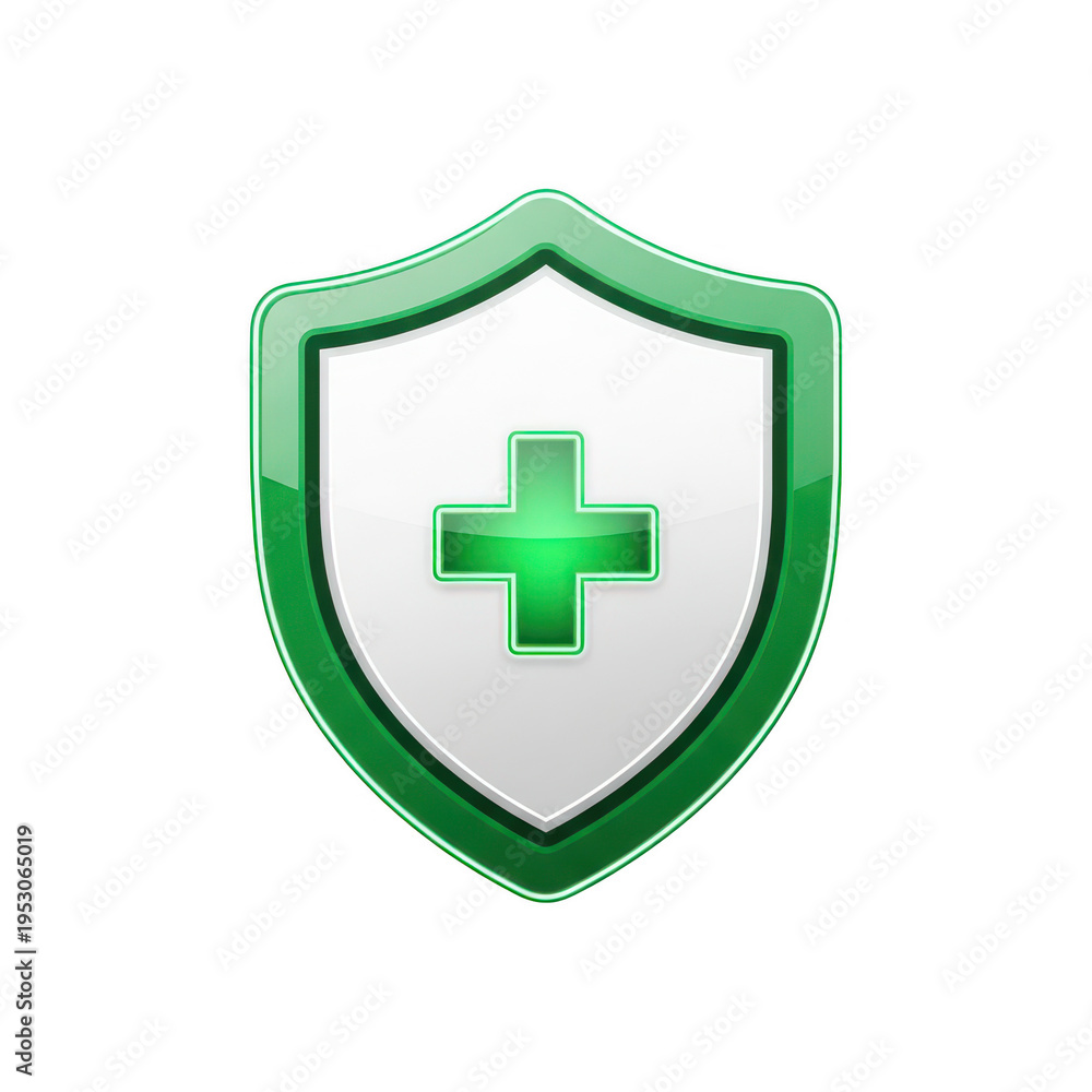 Obraz premium Green shield with a medical cross symbol isolated on transparent background