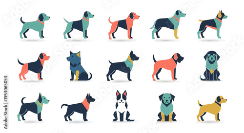 Dog breeds canine and pet illustrations in a playful collection for animal lovers showcasing various dog types with stylized silhouettes enjoying outdoor activities Graphics icons and vector designs