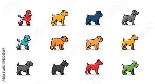 Dog breeds canine icons and pet illustrations for animal lovers veterinary care and dog adoption with cute puppy portraits showcasing various dog types in colorful outlines Graphics symbols and