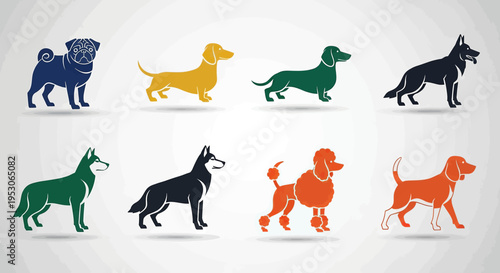 Dog breeds canine silhouettes and pet icons in a colorful vector illustration for animal lovers showcasing various dog types with playful puppies posing gracefully Graphics symbols and illustrations
