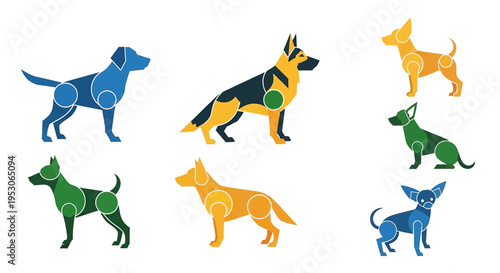 Dog breeds canine silhouettes and pet icons representing various dog types for animal shelter veterinary clinic or dog training with diverse dogs showcasing different postures and colors Graphics