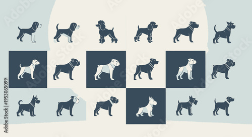 Dog breeds puppy icons and canine illustrations for pet adoption animal shelter promotion with cute dogs showcasing various types of domestic animals Graphics vector art and dog portraits with