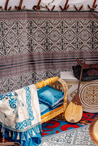 Decorative Textile Display. Intricate Fabric Wall Showcasing Traditional Craftsmanship